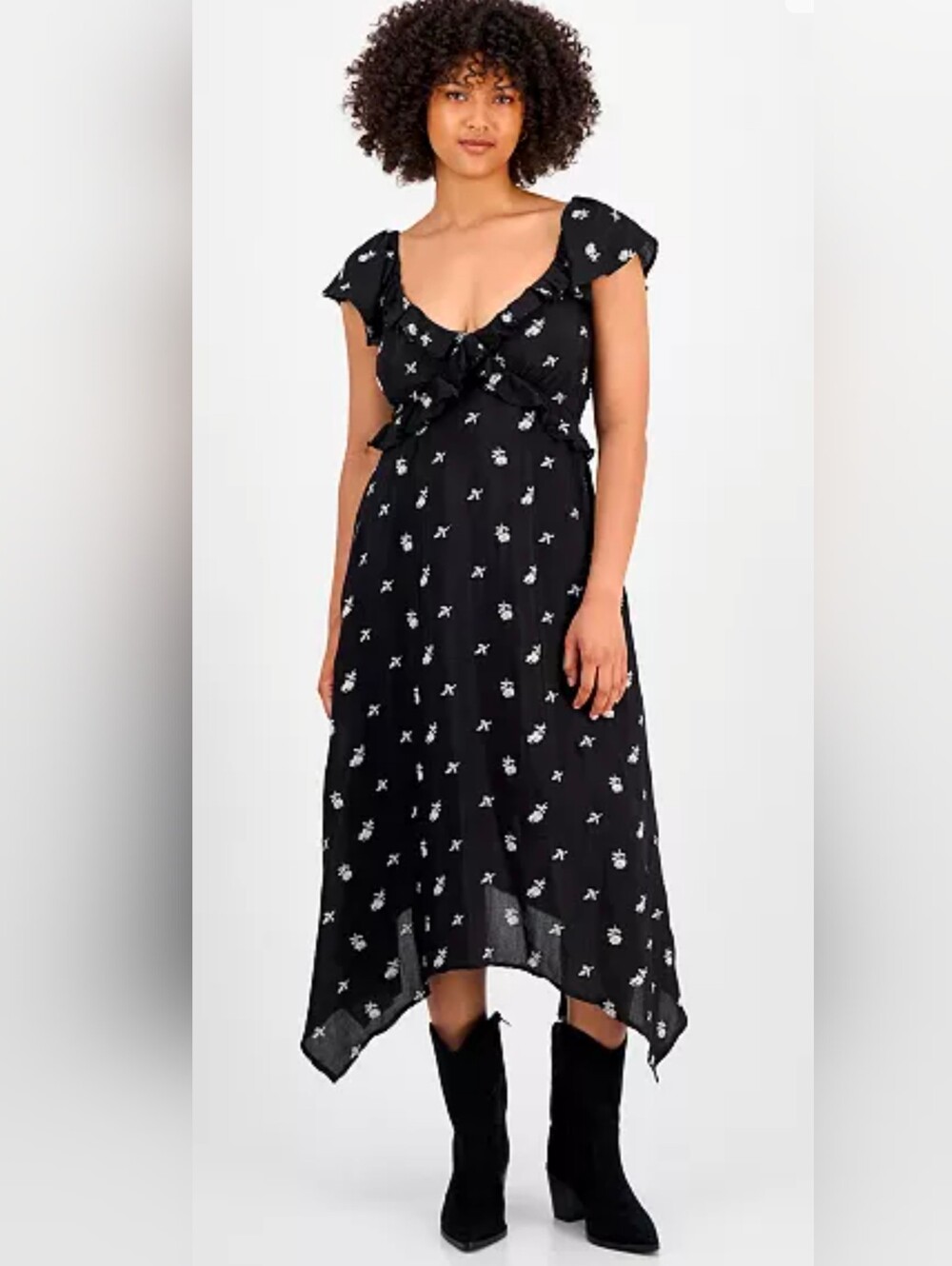 And Now This Women's Embroidered Ruffled Handkerchief-Hem Midi Dress Medium